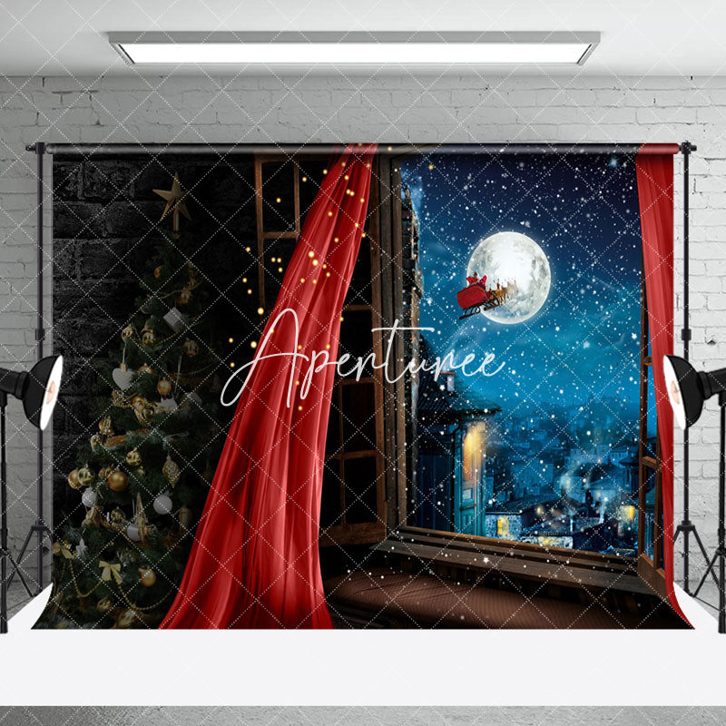 Aperturee - Aperturee Window Snowy Moon Night Christmas Room Set Backdrop