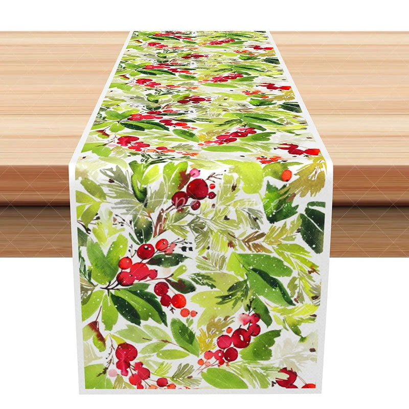 Aperturee - Aperturee Winter Berry and Greenery Table Runner Watercolor Christmas Holly Holiday Botanical Table Decor