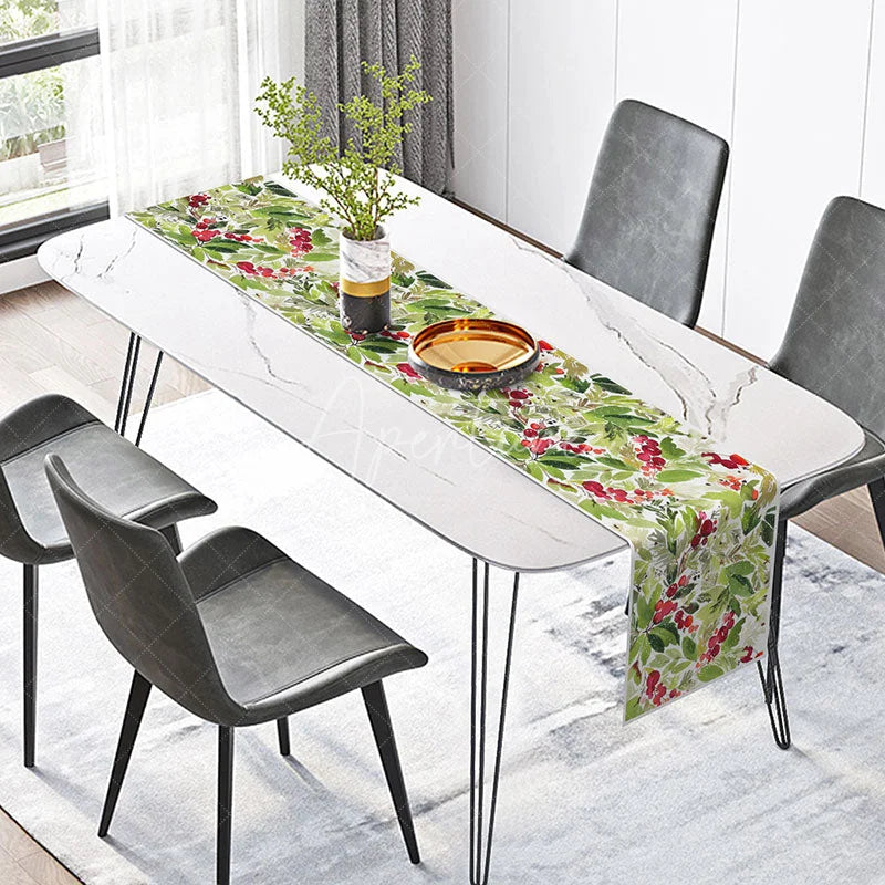 Aperturee - Aperturee Winter Berry and Greenery Table Runner Watercolor Christmas Holly Holiday Botanical Table Decor