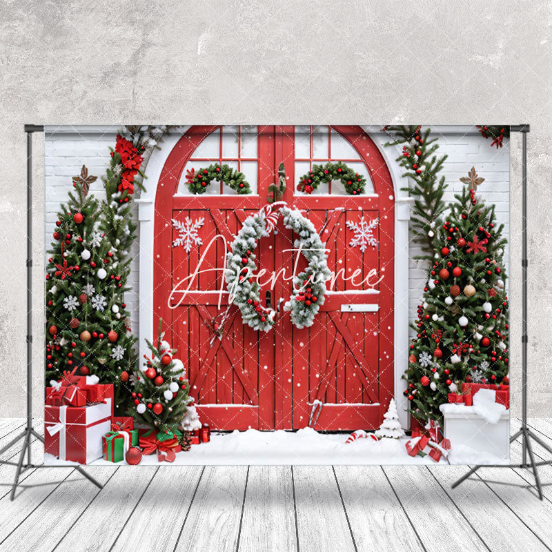 Aperturee - Aperturee Winter Brick Wall Wreath Red Door Christmas Backdrop