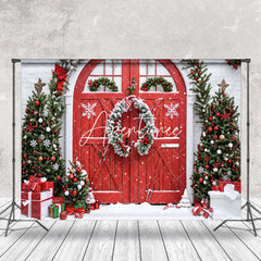 Aperturee - Aperturee Winter Brick Wall Wreath Red Door Christmas Backdrop