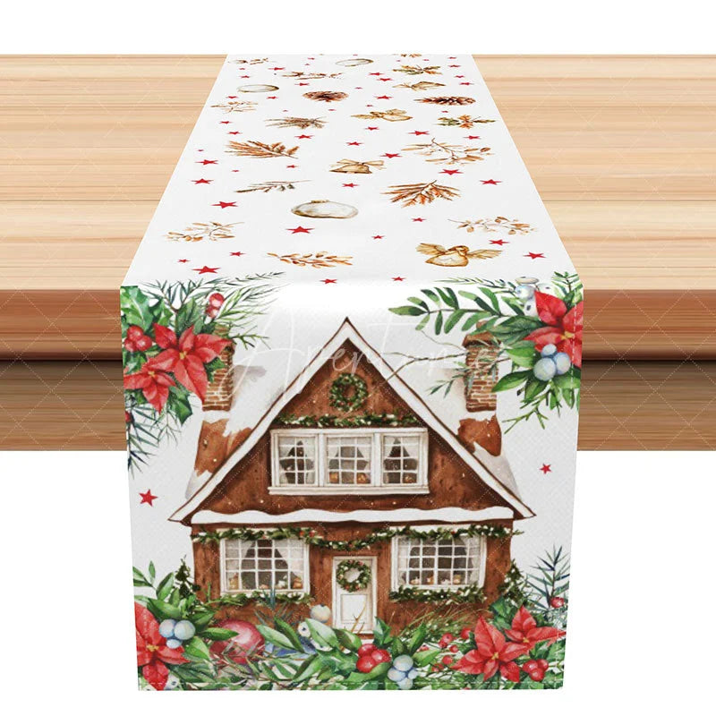 Aperturee - Aperturee Winter Cabin Christmas Table Runner Snowy House with Poinsettia Rustic Holiday Dining Decor