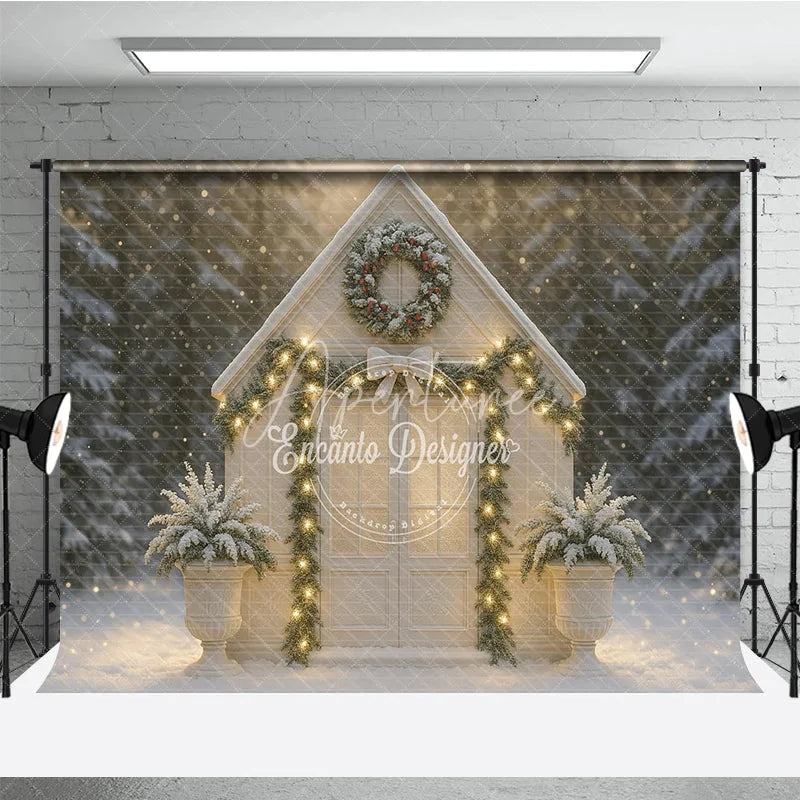 Aperturee - Aperturee Winter Chapel Combo Set Backdrop White Snowy House with Wreath Christmas Holiday Photo Booth Props