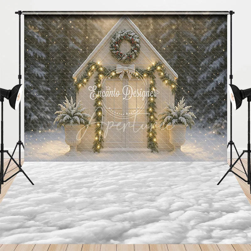 Aperturee - Aperturee Winter Chapel Combo Set Backdrop White Snowy House with Wreath Christmas Holiday Photo Booth Props