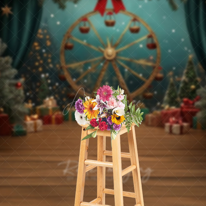 Aperturee Aperturee Winter Christmas Fair Photography Backdrop Gold Ferris Wheel with Gifts and Trees Holiday Carnival Photo Prop