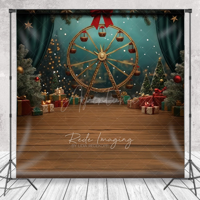 Aperturee Aperturee Winter Christmas Fair Photography Backdrop Gold Ferris Wheel with Gifts and Trees Holiday Carnival Photo Prop