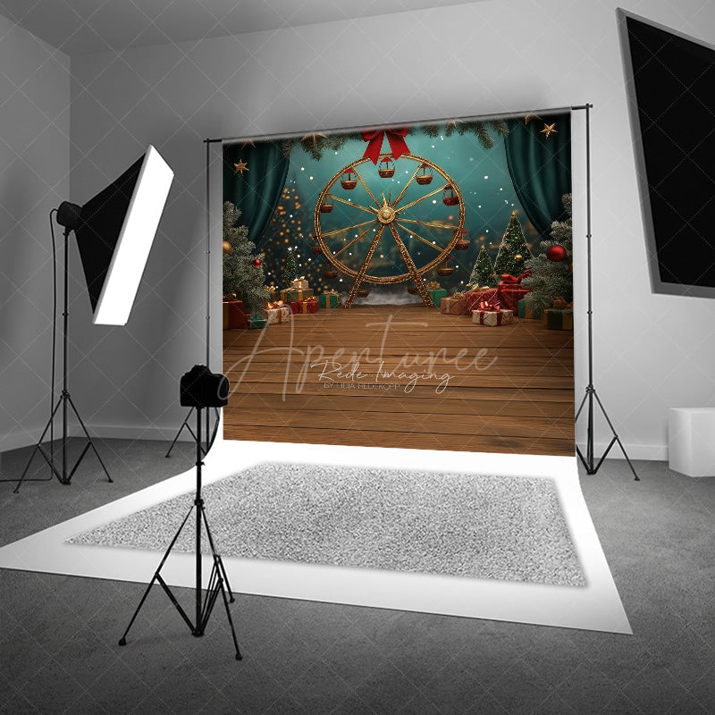 Aperturee Aperturee Winter Christmas Fair Photography Backdrop Gold Ferris Wheel with Gifts and Trees Holiday Carnival Photo Prop