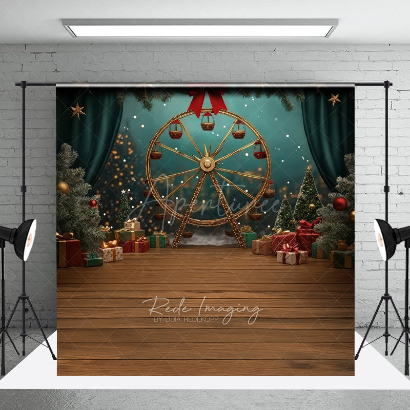 Aperturee Aperturee Winter Christmas Fair Photography Backdrop Gold Ferris Wheel with Gifts and Trees Holiday Carnival Photo Prop