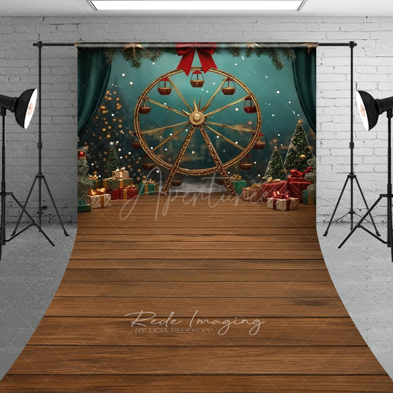 Aperturee Aperturee Winter Christmas Fair Sweep Photo Backdrop Gold Ferris Wheel with Gifts and Trees Holiday Carnival Photo Prop