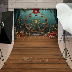 Aperturee Aperturee Winter Christmas Fair Sweep Photo Backdrop Gold Ferris Wheel with Gifts and Trees Holiday Carnival Photo Prop