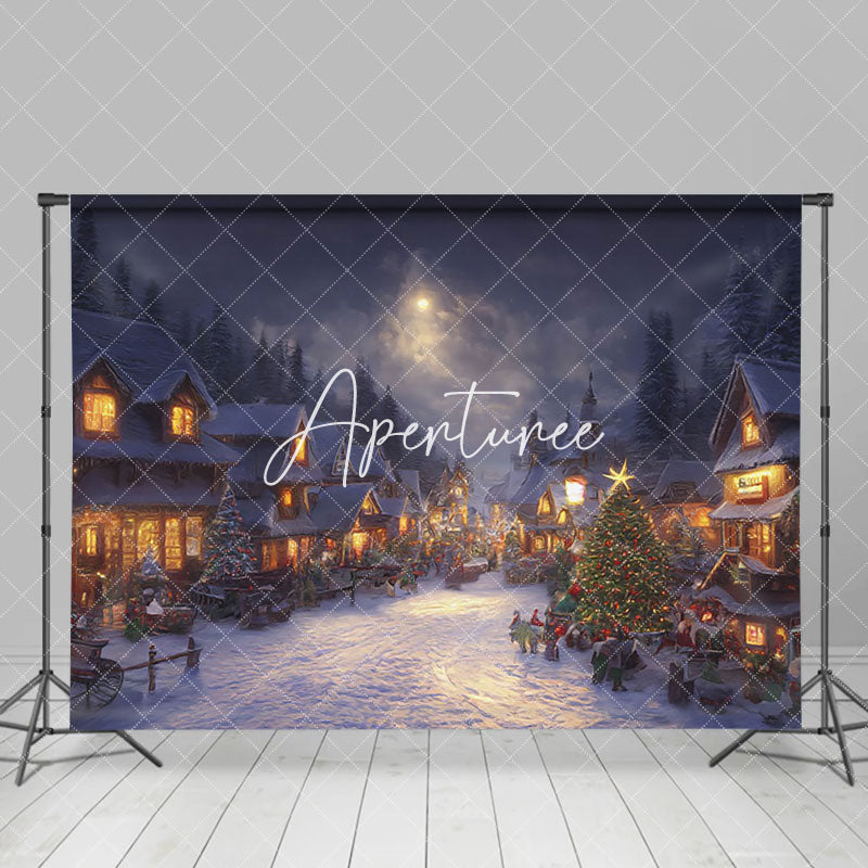 Aperturee - Aperturee Winter Dark Moon Night Town Snowy Christmas Backdrop