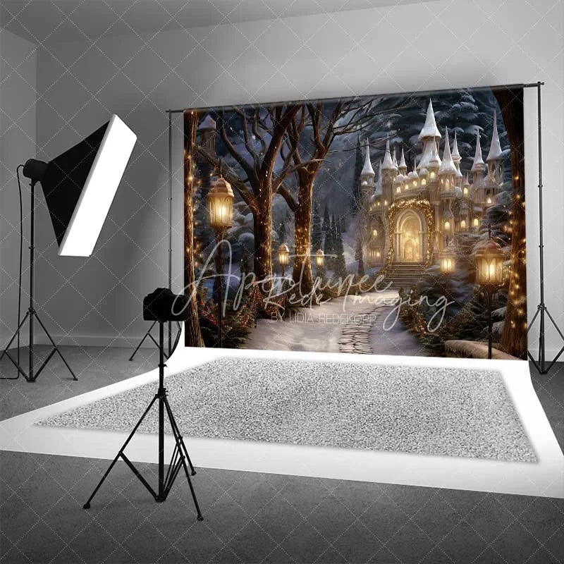 Aperturee - Aperturee Winter Fantasy Castle Backdrop Snowy Path Street Lamps Magical Palace Night Scenery Photo Background