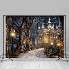 Aperturee - Aperturee Winter Fantasy Castle Backdrop Snowy Path Street Lamps Magical Palace Night Scenery Photo Background