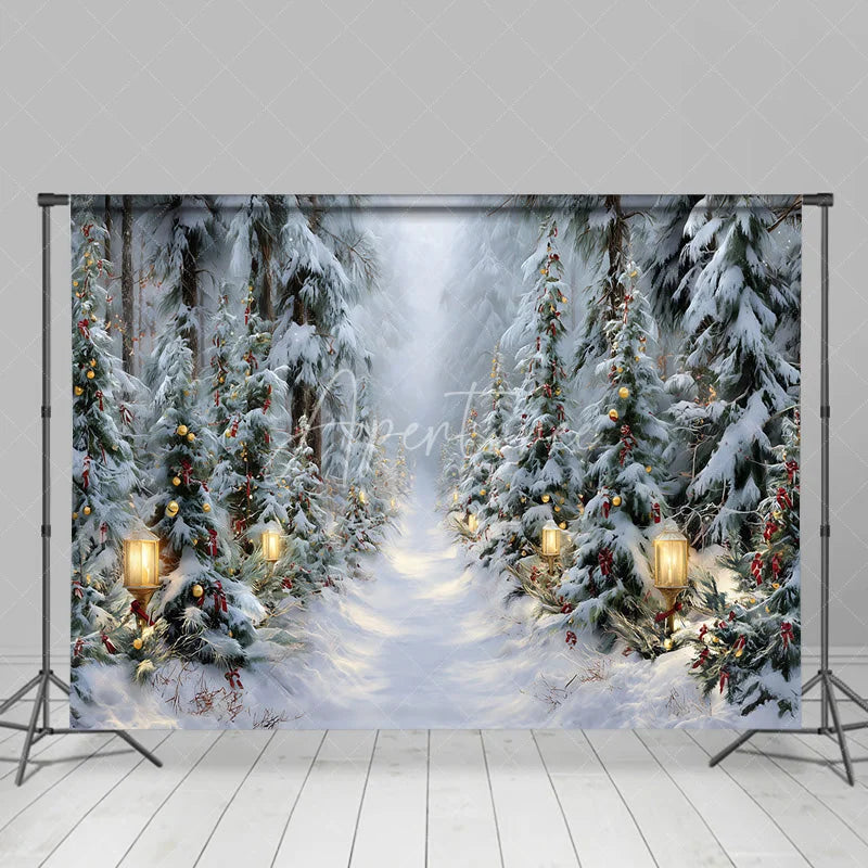 Aperturee - Aperturee Winter Forest Path Christmas Backdrop Street Lamp Snow Tree Photography Background Magical Wonderland Holiday Party
