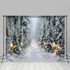 Aperturee - Aperturee Winter Forest Path Christmas Backdrop Street Lamp Snow Tree Photography Background Magical Wonderland Holiday Party