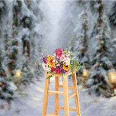 Aperturee - Aperturee Winter Forest Path Christmas Backdrop Street Lamp Snow Tree Photography Background Magical Wonderland Holiday Party
