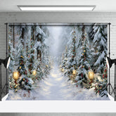 Aperturee - Aperturee Winter Forest Path Christmas Backdrop Street Lamp Snow Tree Photography Background Magical Wonderland Holiday Party