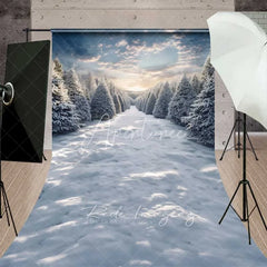 Aperturee - Aperturee Winter Forest Path Sweep Backdrop Snowy Pine Trees Sunset Sky Nature Floor Photo Background