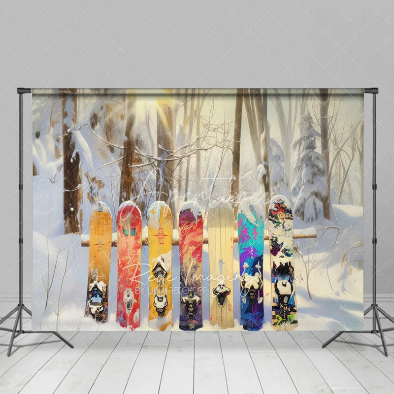 Aperturee - Aperturee Winter Forest Snowboard Backdrop Snowy Woods Ski Board Photography Background Outdoor Sport Holiday Party Decoration