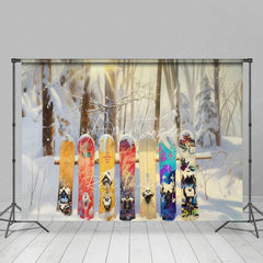 Aperturee - Aperturee Winter Forest Snowboard Backdrop Snowy Woods Ski Board Photography Background Outdoor Sport Holiday Party Decoration