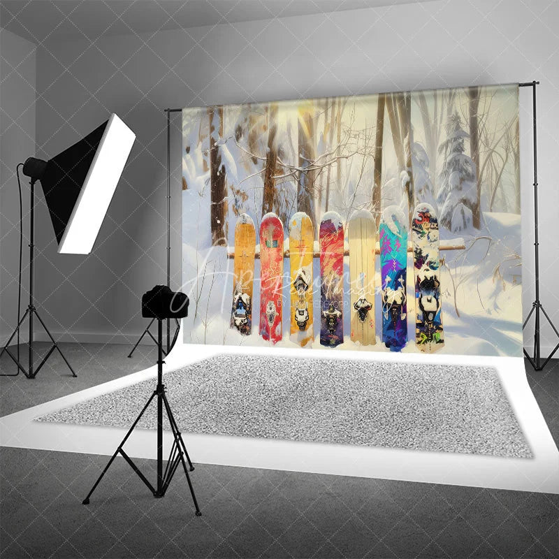 Aperturee - Aperturee Winter Forest Snowboard Backdrop Snowy Woods Ski Board Photography Background Outdoor Sport Holiday Party Decoration