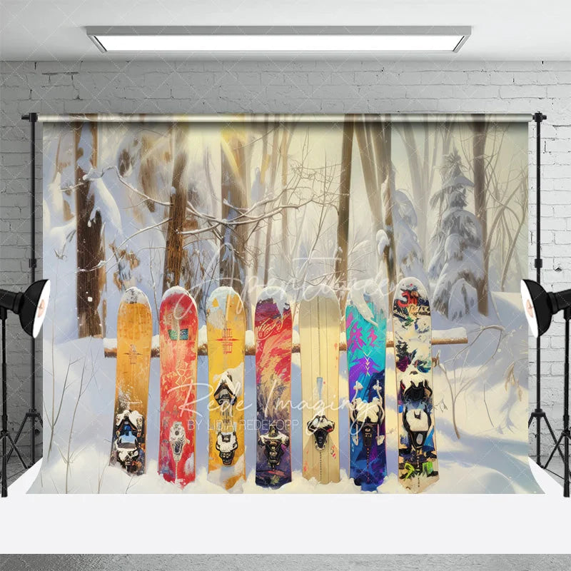 Aperturee - Aperturee Winter Forest Snowboard Backdrop Snowy Woods Ski Board Photography Background Outdoor Sport Holiday Party Decoration