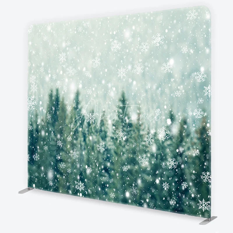 Aperturee - Aperturee Winter Forest Tension Fabric Backdrop Snowy Pine Trees with White Snowflakes Background Christmas Holiday Party Decor