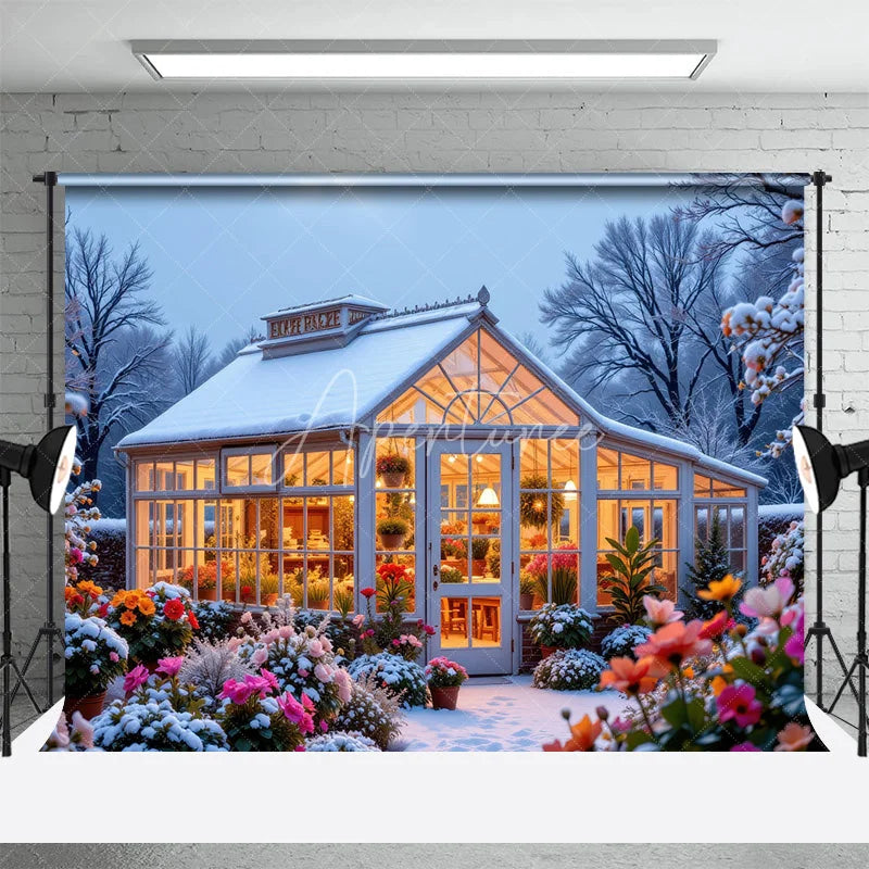 Aperturee - Aperturee Winter Greenhouse Backdrop Snowy Garden Floral Photography Background Christmas Glass House Holiday Party Decoration