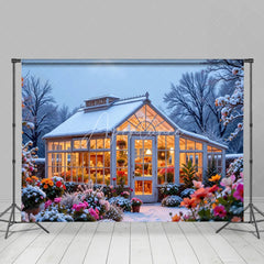 Aperturee - Aperturee Winter Greenhouse Backdrop Snowy Garden Floral Photography Background Christmas Glass House Holiday Party Decoration