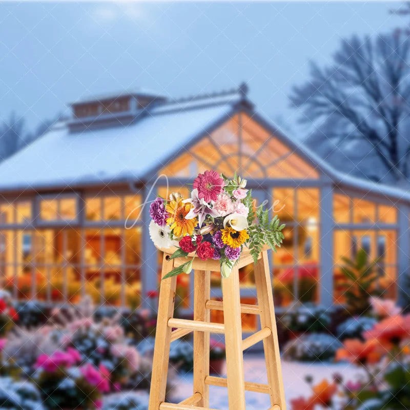 Aperturee - Aperturee Winter Greenhouse Backdrop Snowy Garden Floral Photography Background Christmas Glass House Holiday Party Decoration