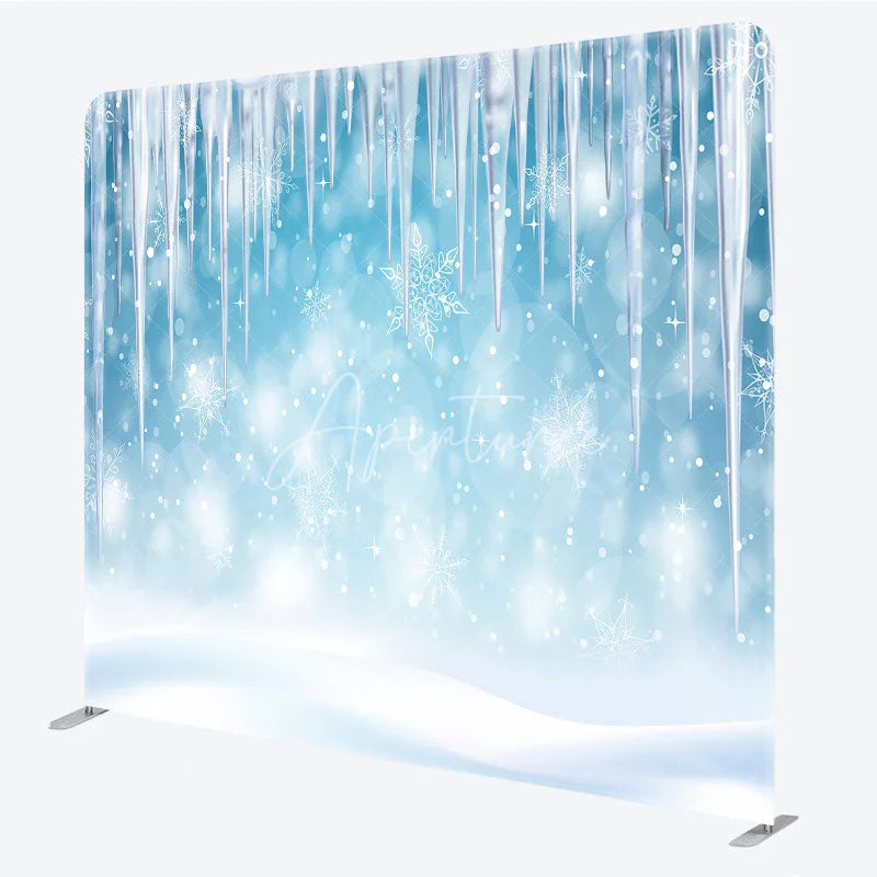 Aperturee - Aperturee Winter Icicle Tension Fabric Backdrop Frozen Blue Snow Background Ice Crystal Party Decoration