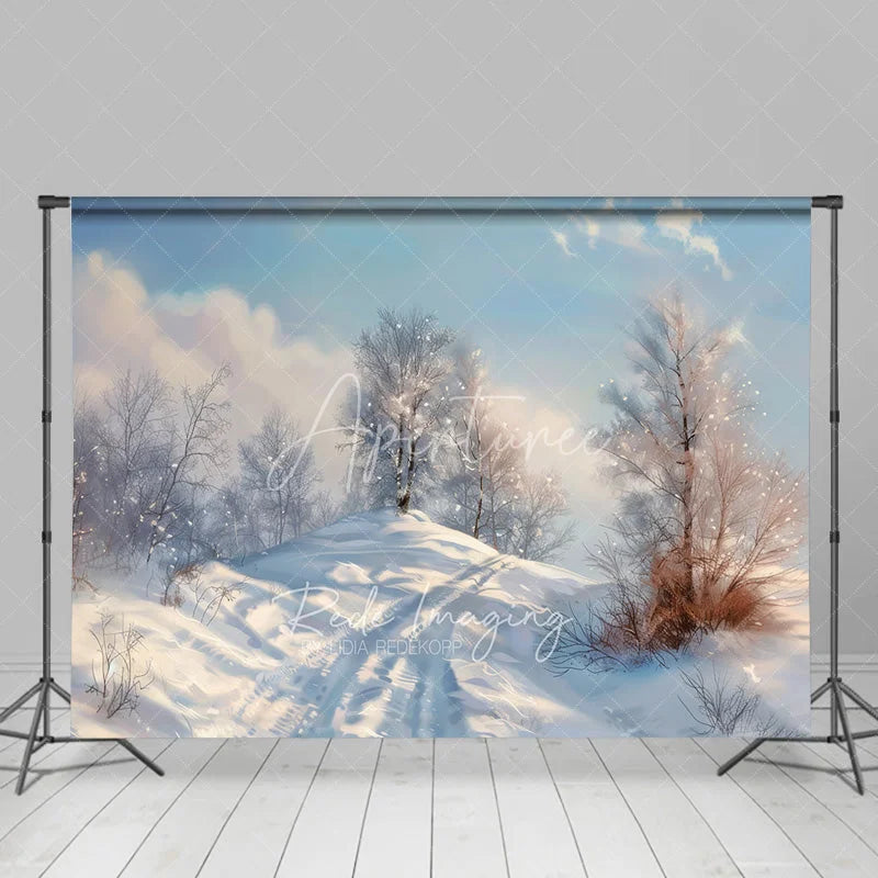 Aperturee - Aperturee Winter Landscape Backdrop Snowy Hill Birch Tree Photography Background Nature Scenic Painting Holiday Party Decoration
