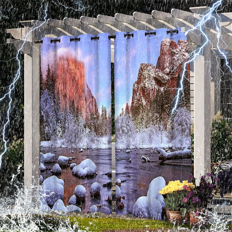 Aperturee - Aperturee Winter Landscape Waterproof Printed Outdoor Curtains For Porch