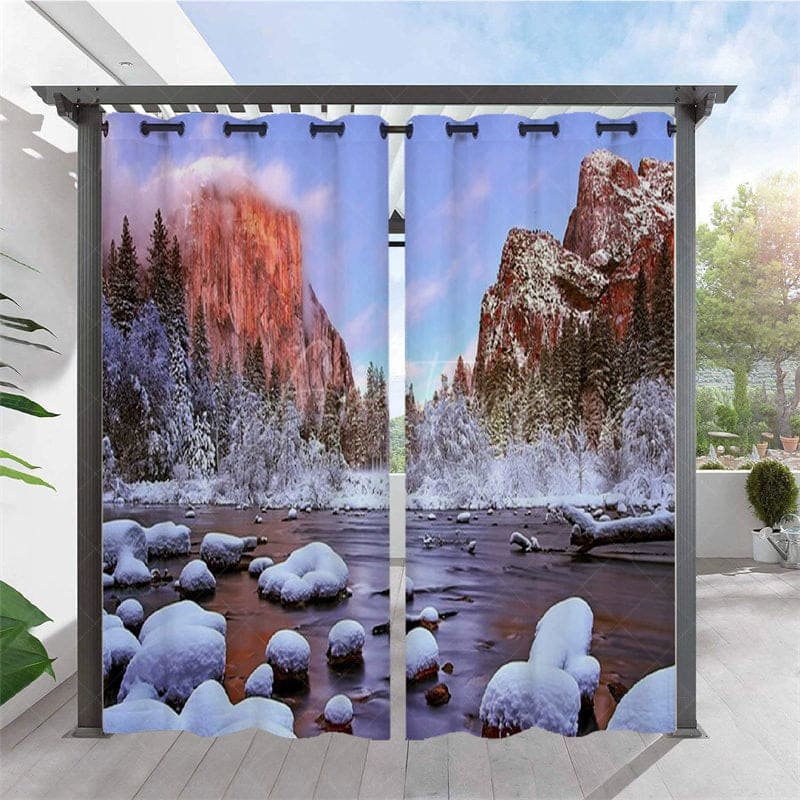 Aperturee - Aperturee Winter Landscape Waterproof Printed Outdoor Curtains For Porch