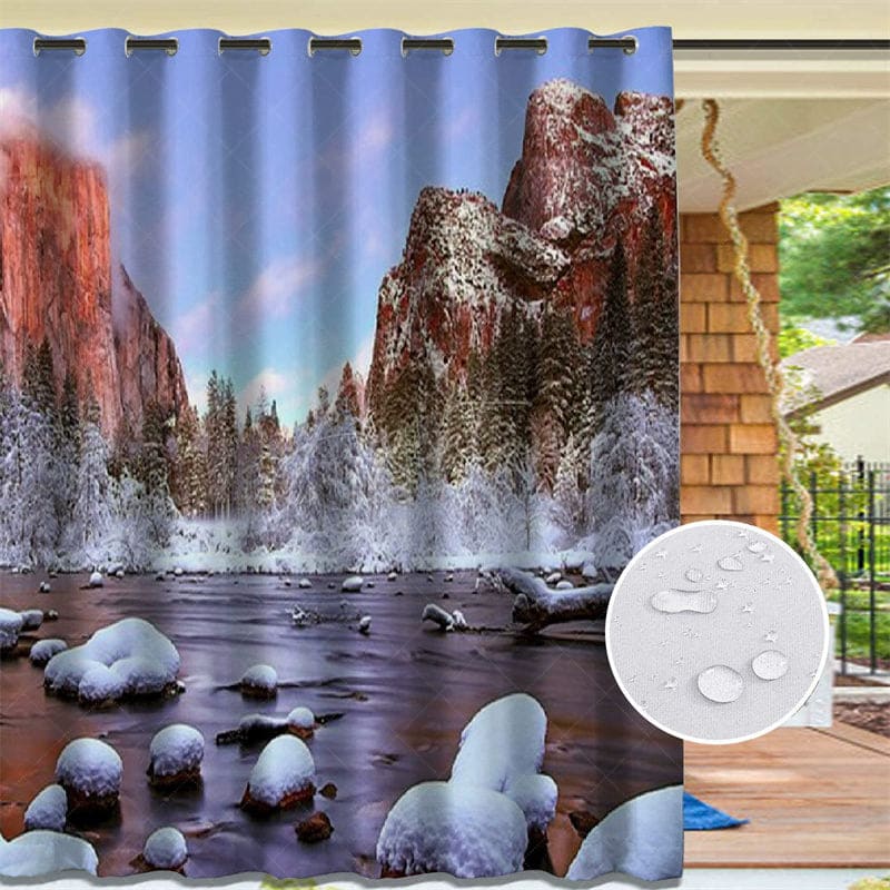 Aperturee - Aperturee Winter Landscape Waterproof Printed Outdoor Curtains For Porch