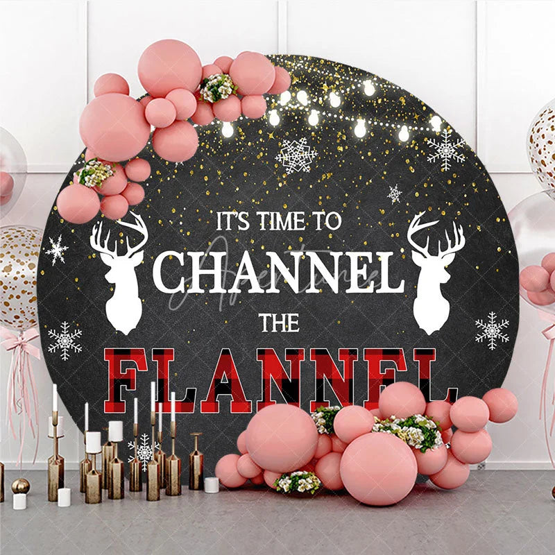 Aperturee - Aperturee Winter Lumberjack Round Backdrop Channel The Flannel Party Decoration Rustic Plaid Elk Background