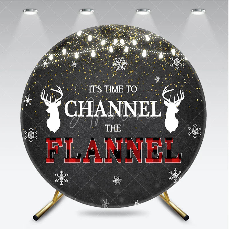 Aperturee - Aperturee Winter Lumberjack Round Backdrop Channel The Flannel Party Decoration Rustic Plaid Elk Background