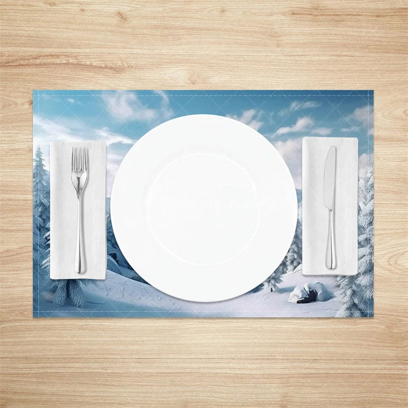 Aperturee - Aperturee Winter Mountain Set of 4 Placemats Snowy Forest Landscape Scenic Holiday Christmas Table Mats Decor
