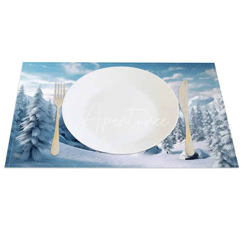 Aperturee - Aperturee Winter Mountain Set of 4 Placemats Snowy Forest Landscape Scenic Holiday Christmas Table Mats Decor