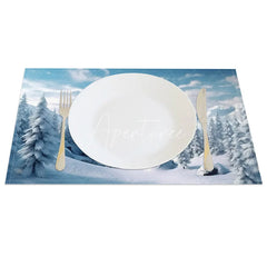 Aperturee - Aperturee Winter Mountain Set of 4 Placemats Snowy Forest Landscape Scenic Holiday Christmas Table Mats Decor