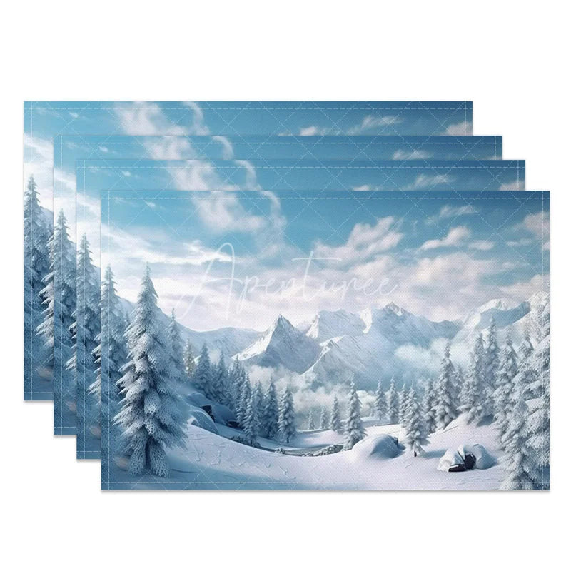 Aperturee - Aperturee Winter Mountain Set of 4 Placemats Snowy Forest Landscape Scenic Holiday Christmas Table Mats Decor