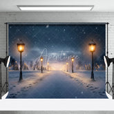 Aperturee - Aperturee Winter Night Street Lamp Backdrop Snowy Path Tree Photography Background Christmas Eve Holiday Party Decoration