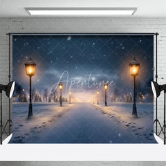 Aperturee - Aperturee Winter Night Street Lamp Backdrop Snowy Path Tree Photography Background Christmas Eve Holiday Party Decoration