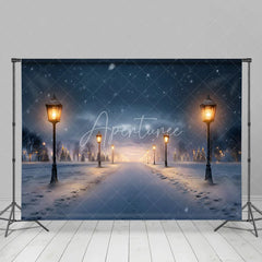 Aperturee - Aperturee Winter Night Street Lamp Backdrop Snowy Path Tree Photography Background Christmas Eve Holiday Party Decoration