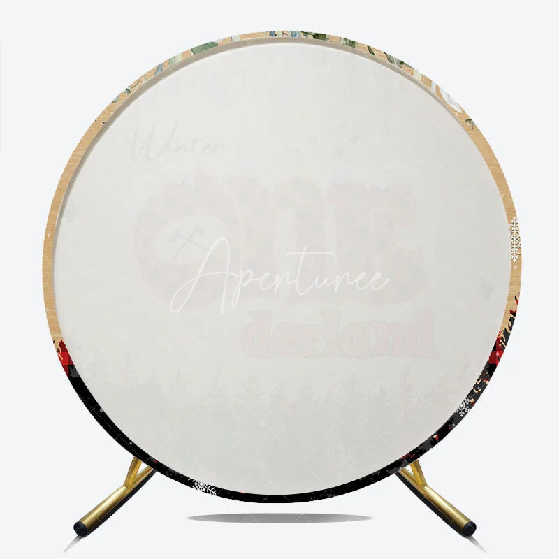 Aperturee - Aperturee Winter Onederland First Birthday Round Backdrop Lumberjack Buffalo Plaid with Bear Rustic Woodland Party Decor