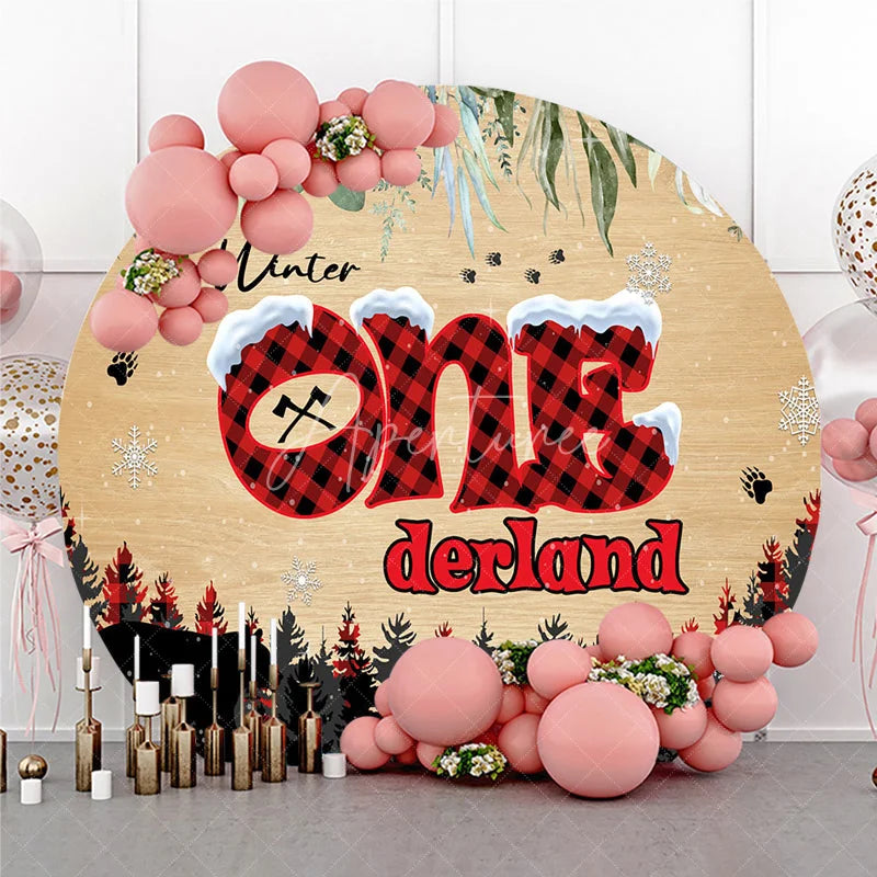 Aperturee - Aperturee Winter Onederland First Birthday Round Backdrop Lumberjack Buffalo Plaid with Bear Rustic Woodland Party Decor