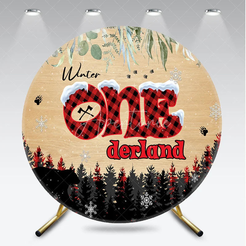 Aperturee - Aperturee Winter Onederland First Birthday Round Backdrop Lumberjack Buffalo Plaid with Bear Rustic Woodland Party Decor