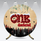Aperturee - Aperturee Winter Onederland First Birthday Round Backdrop Lumberjack Buffalo Plaid with Bear Rustic Woodland Party Decor