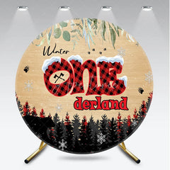 Aperturee - Aperturee Winter Onederland First Birthday Round Backdrop Lumberjack Buffalo Plaid with Bear Rustic Woodland Party Decor