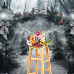 Aperturee - Aperturee Winter Park Christmas Backdrop Street Lamp Grey Bow Light Tunnel Background Snowy Path Holiday Party Decoration